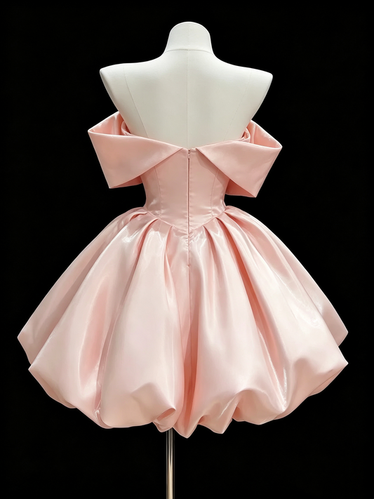 Elegant Pink Off-the-Shoulder Ruffle Satin Mini A-Line Homecoming Dress DP8726
