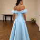 Elegant Light Blue Off-the-Shoulder 3D Floral Ruffle Satin A-Line Evening Gown DP8560