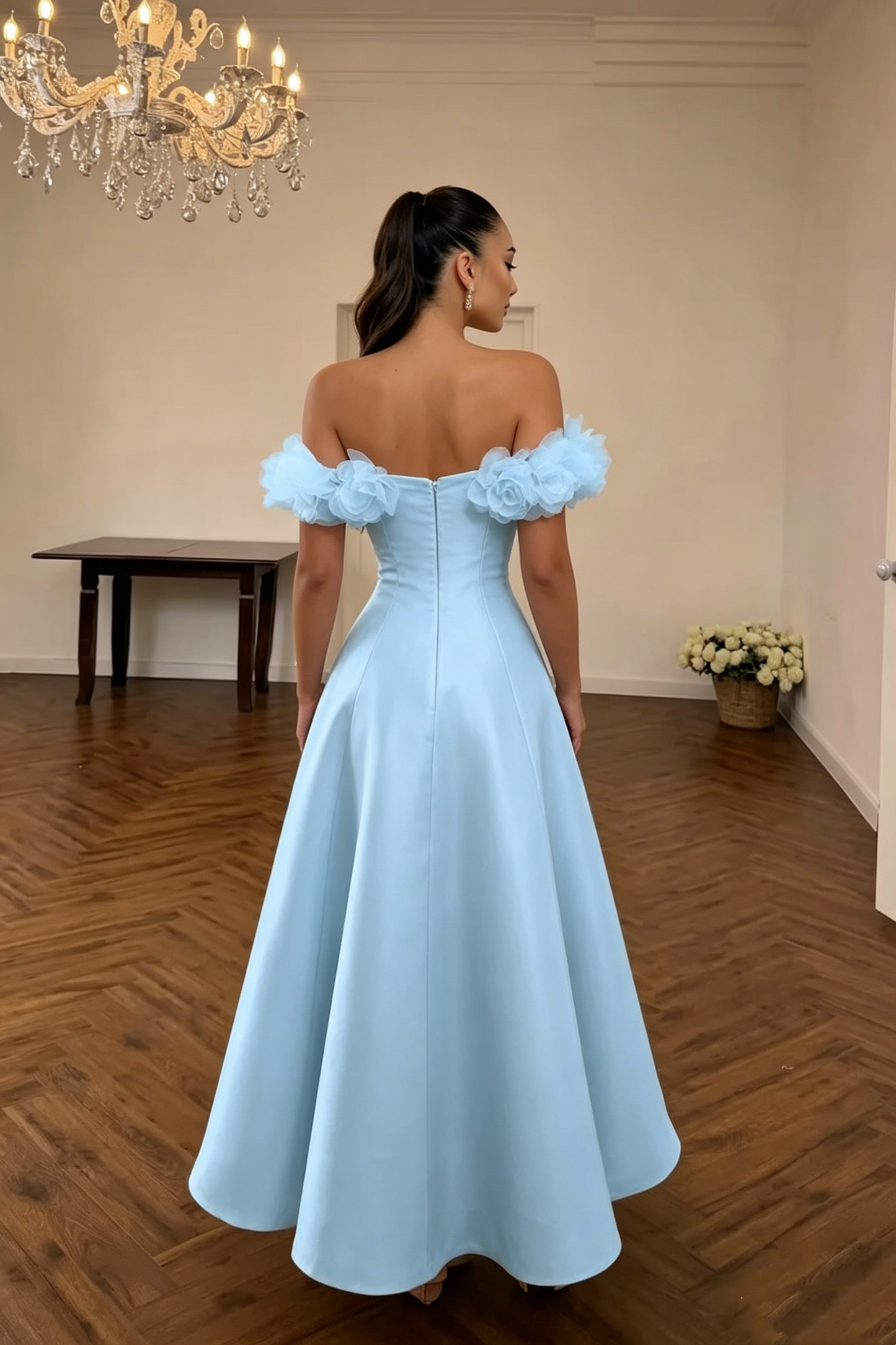 Elegant Light Blue Off-the-Shoulder 3D Floral Ruffle Satin A-Line Evening Gown DP8560