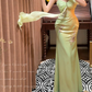 Vintage Sage Green Spaghetti Strap Intricate Embroidery & Chiffon Drape Evening Gown DP7260