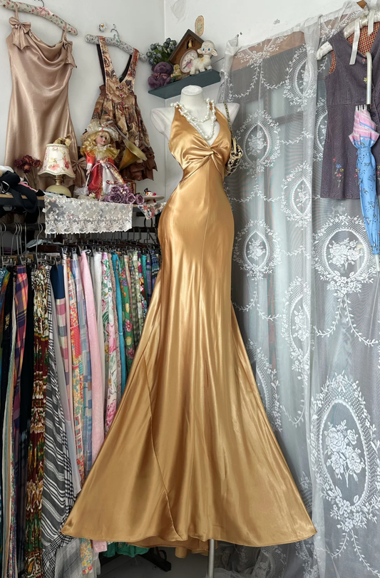 Vintage Gold Satin Halter-Neck Mermaid Evening Gown Open Back Prom Dress DP8331