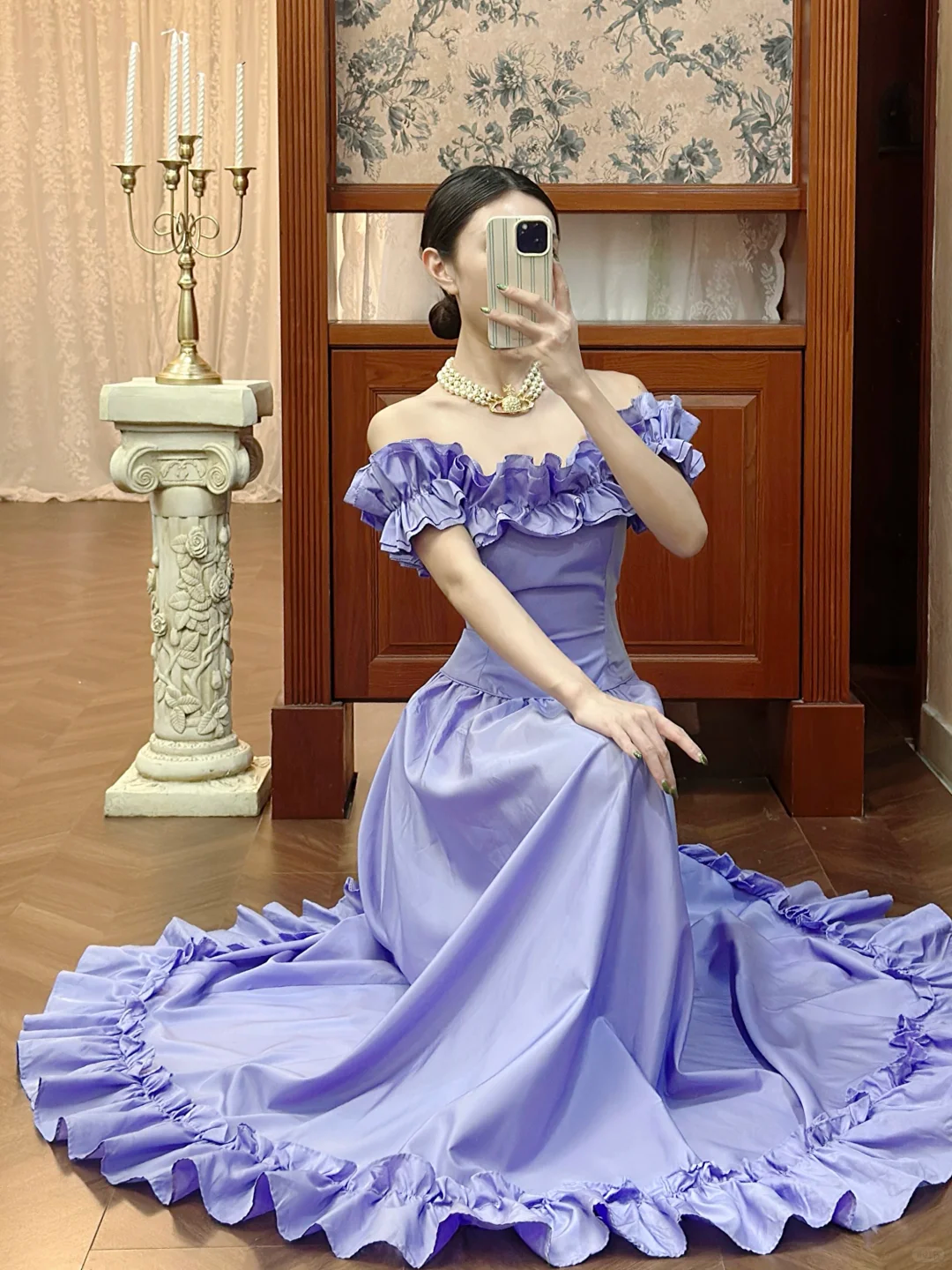 Vintage Lavendel Rüschen-Ballkleid mit Carmen-Ausschnitt für Sweet 16 Quinceañera DP7943