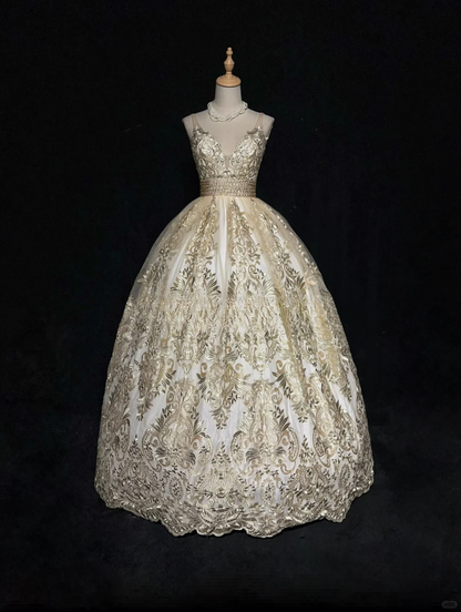 Robe de bal somptueuse brodée d'or, décolleté en V profond, ornée de perles, coupe trapèze, robe de quinceañera DP7107
