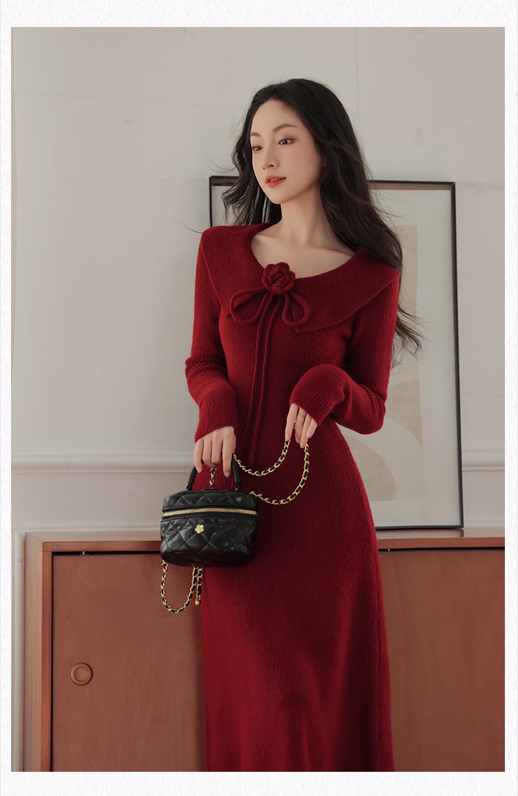 Robe de bal fourreau bordeaux vintage, robe de soirée à manches longues, robe longue en tricot, DP6701