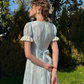 Vintage Blue Floral V-Neck Puff Sleeve Light Evening Gown DP8005