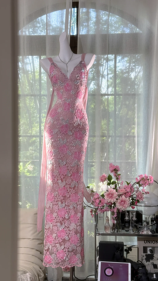 Vintage Pink Lace Applique V-neck Mermaid Prom Dress Evening Dress DP6359