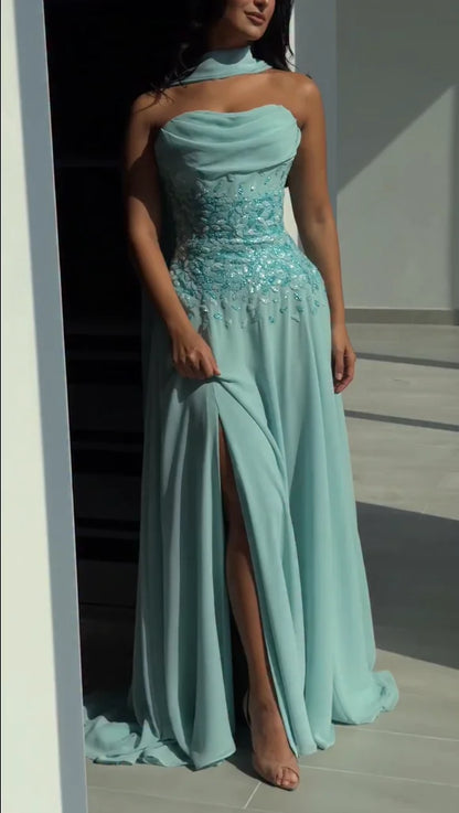 Robe de bal glamour en mousseline bustier brodée de paillettes avec fente haute Robe de soirée DP8216