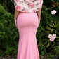 Elegant Pink Mermaid Floral Print Off-the-Shoulder Evening Gown Party Dress DP8581