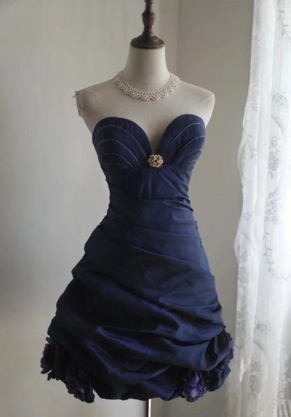 Vintage Navy Blue Sweetheart Design A-line Strapless Party Dresses Homecoming Dresses, DP5806