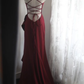 Glamorous Burgundy Satin Spaghetti Strap Ruffled Side Detail with Train Prom Dress DP7655