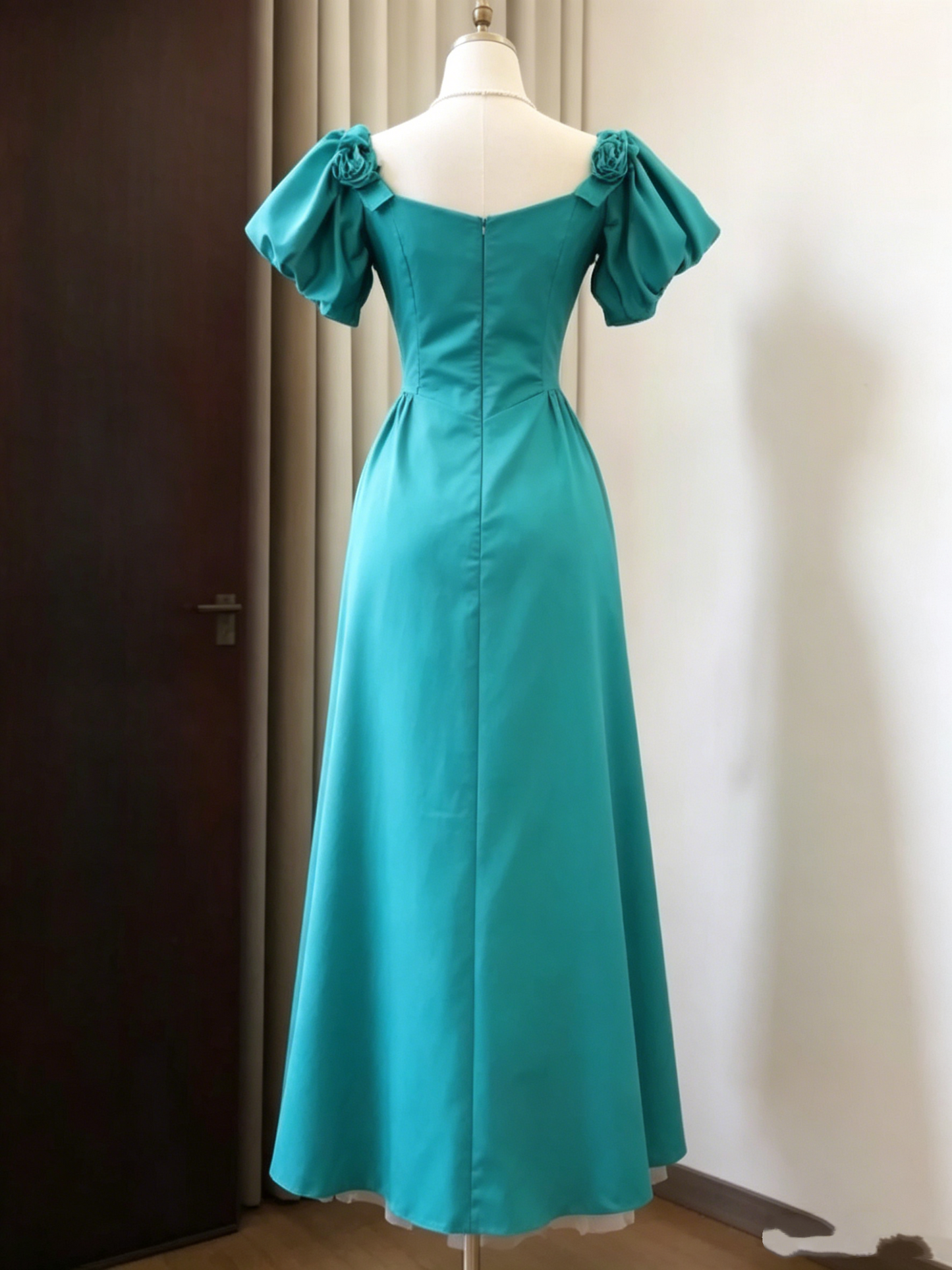 Elegant Turquoise Puff Sleeve Sweetheart A-Line Evening Dress DP8382
