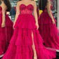 Green A-Line Sweetheart Tulle Tiered Long Prom Dress with Appliques, DP1374