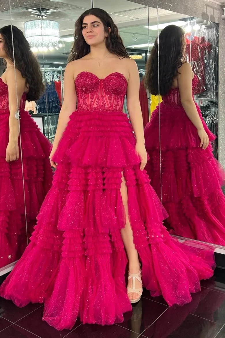 Green A-Line Sweetheart Tulle Tiered Long Prom Dress with Appliques, DP1374