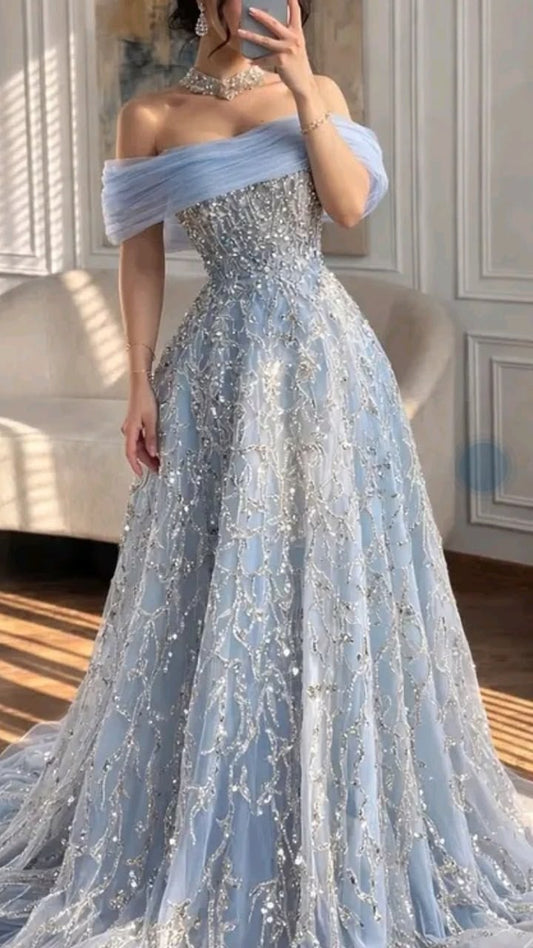 Elegant Dusty Blue Sequin Off-the-Shoulder Tulle Ball Gown DP8167