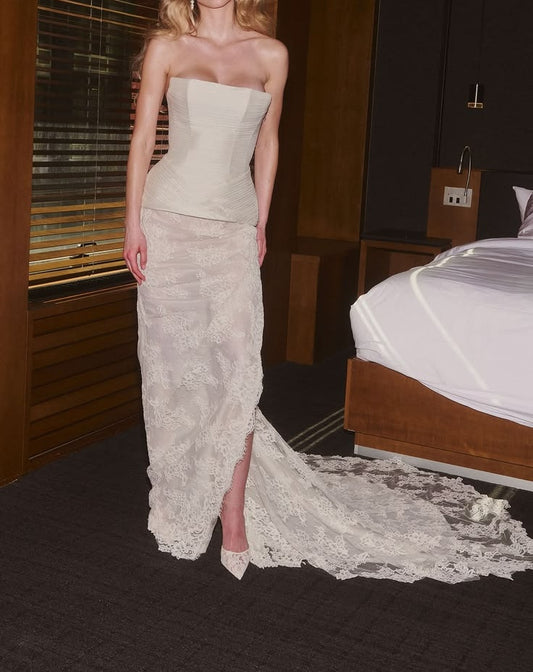 Vintage Strapless Corset Lace Mermaid High Slit & Cathedral Train Wedding Dress DP8424