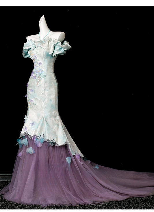 Chic Embroidery Beaded Mermaid Off-the-shoulder Prom Dress 3D Butterflies Evening Gown Party Dress Long Formal Dress DP6902