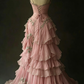 Chic Romantic Pink 3D Rose Appliques Tiered Ruffles Beaded Evening Gown DP7167