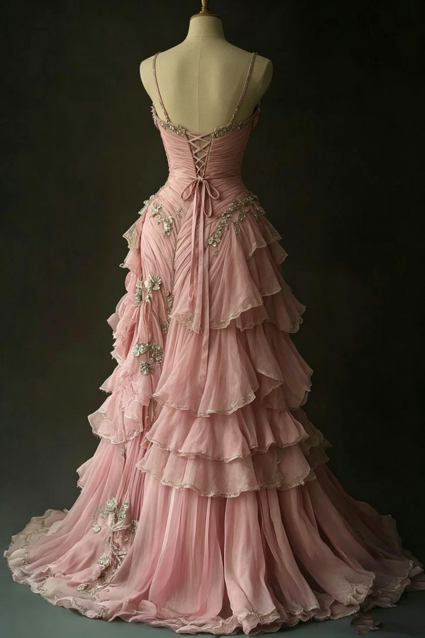 Chic Romantic Pink 3D Rose Appliques Tiered Ruffles Beaded Evening Gown DP7167