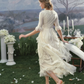 Dreamy Ivory Satin & Lace Half Sleeves A-Line Wedding Dress DP7986