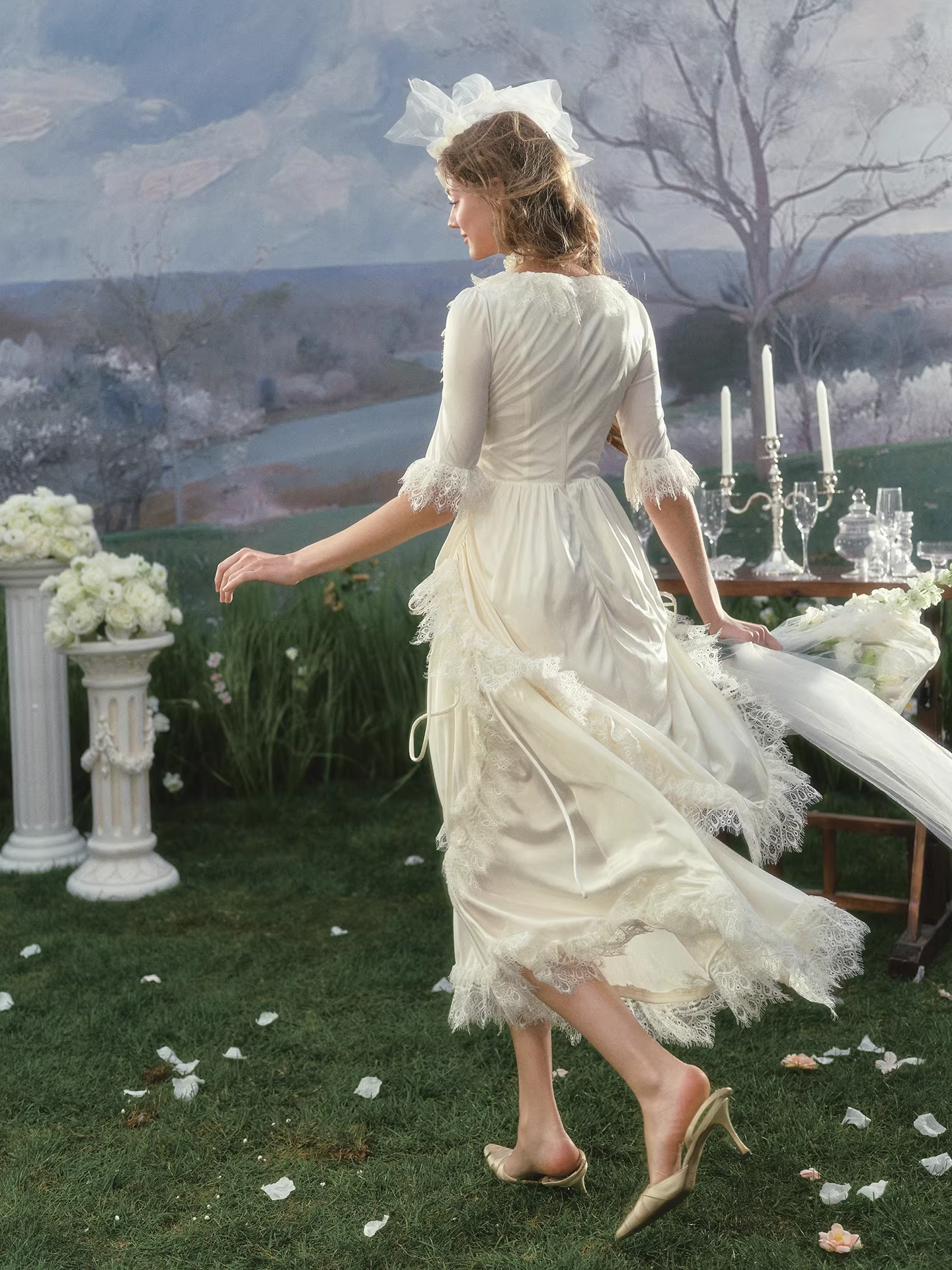 Dreamy Ivory Satin & Lace Half Sleeves A-Line Wedding Dress DP7986