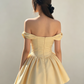 Vintage Cream Yellow Satin Off-the-Shoulder Draped A-Line Homecoming Dress DP8682