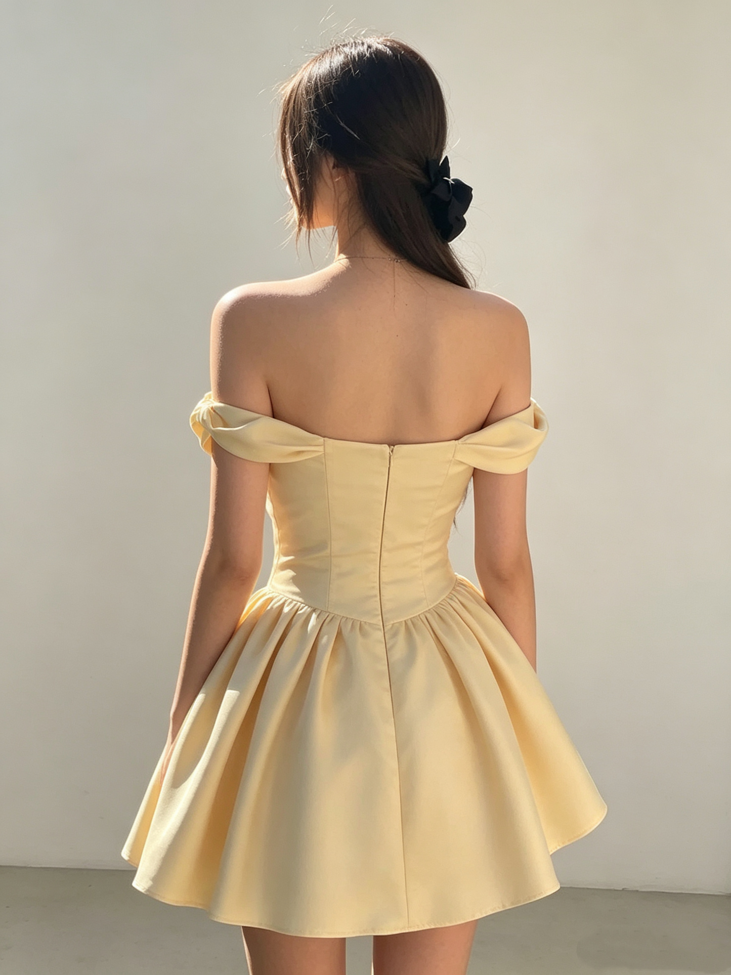 Vintage Cream Yellow Satin Off-the-Shoulder Draped A-Line Homecoming Dress DP8682