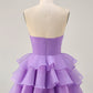 Elegant Lavender Organza Strapless Sweetheart Mini 3D Rose Tiered Ruffle Short A-Line Homecoming Dress DP8729