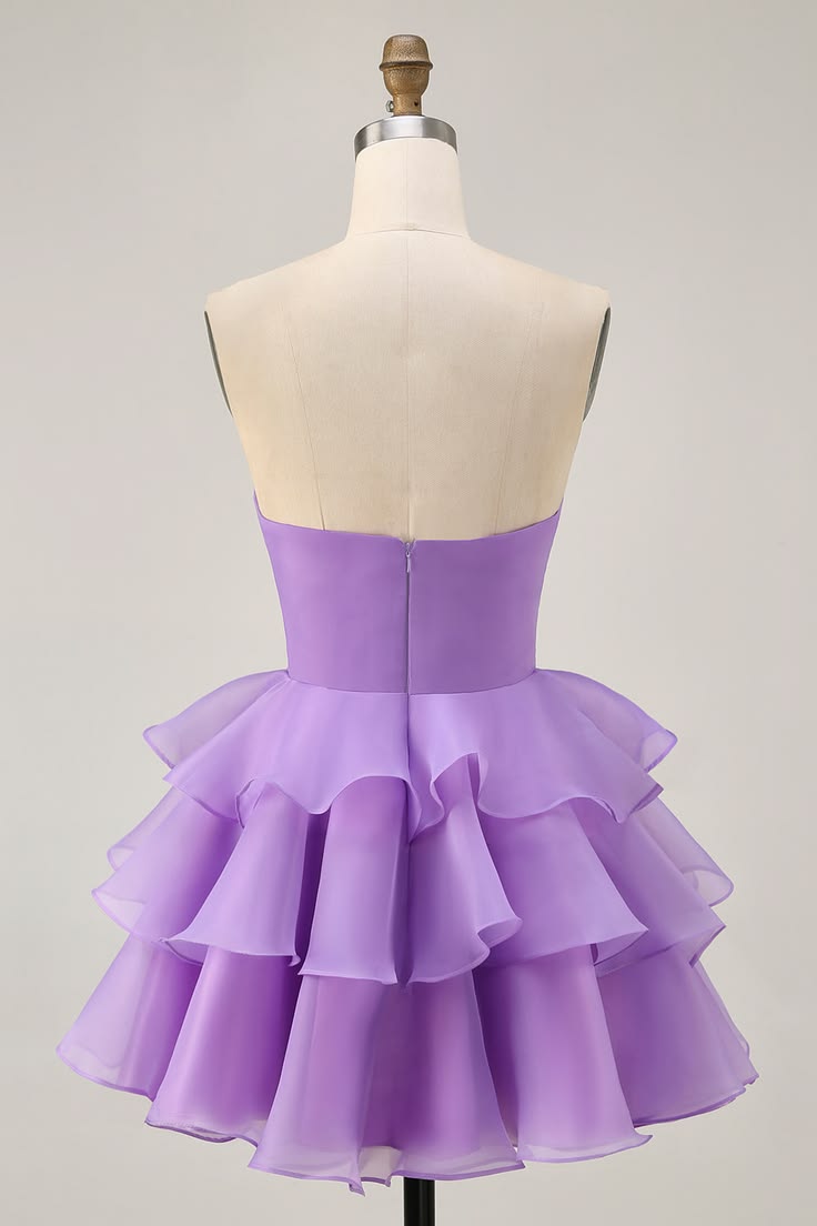 Elegant Lavender Organza Strapless Sweetheart Mini 3D Rose Tiered Ruffle Short A-Line Homecoming Dress DP8729