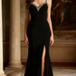 Glamorous Elegant Black Sleeveless Beaded V-Neck High Slit Prom Dress DP7658