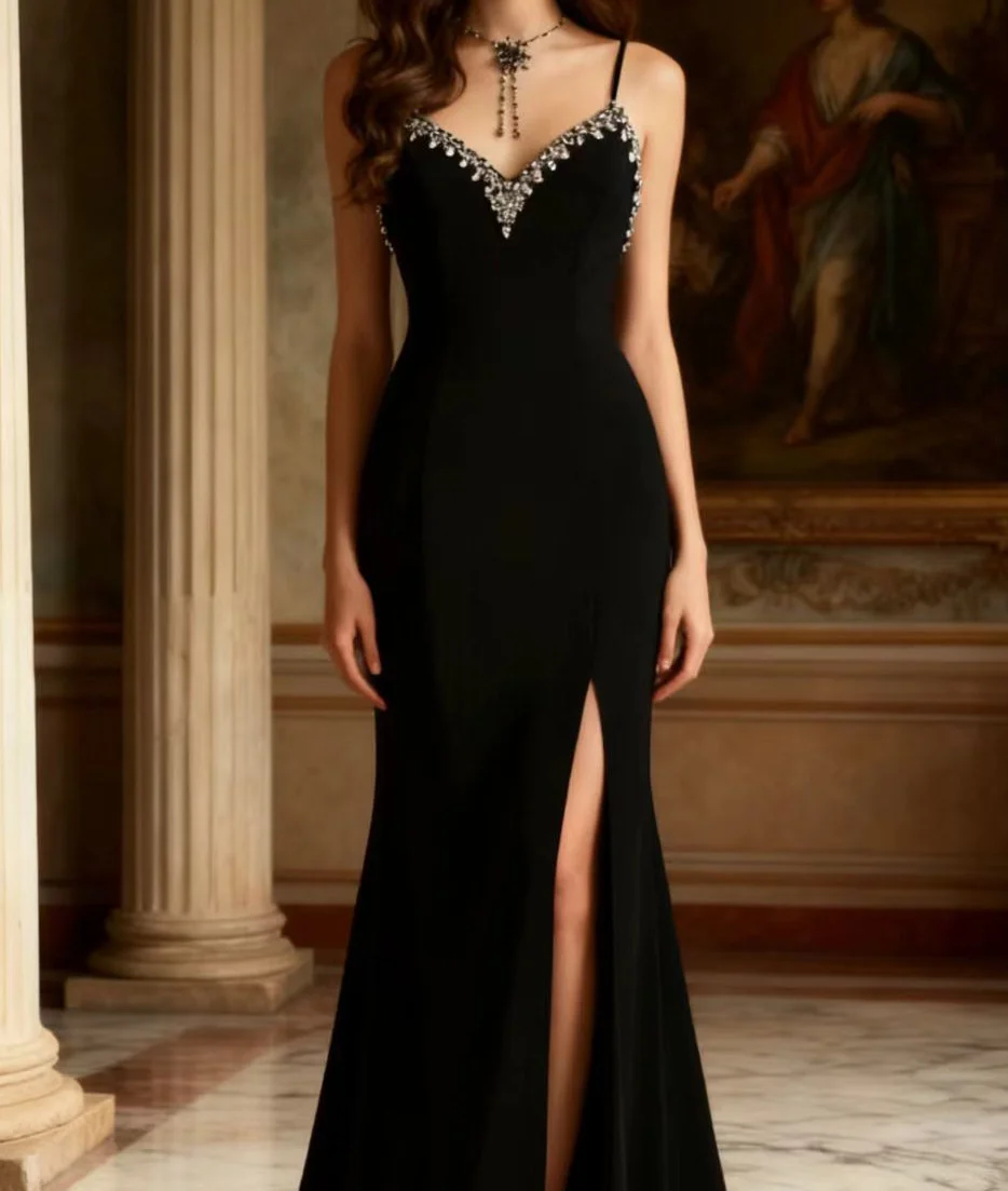 Glamorous Elegant Black Sleeveless Beaded V-Neck High Slit Prom Dress DP7658