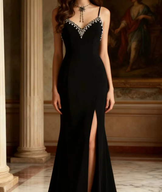 Glamorous Elegant Black Sleeveless Beaded V-Neck High Slit Prom Dress DP7658