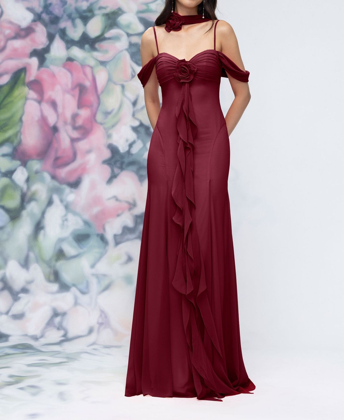 Elegant Off-the-Shoulder Spaghetti Strap 3D Floral Chiffon Neck Scarf Prom Dress DP8461