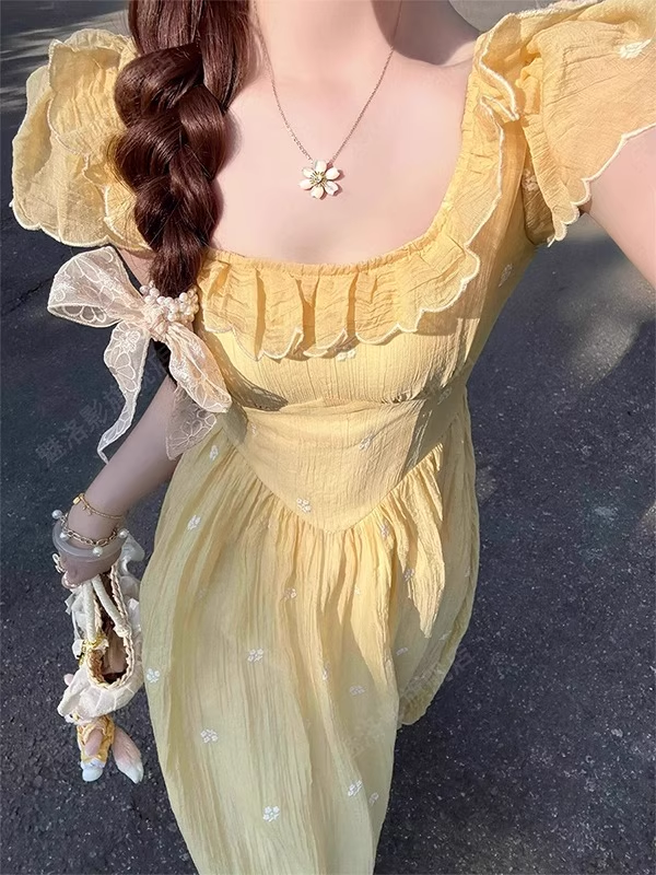 Vintage Faint Yellow A-Line Prom Dress Floral Short-sleeve Evening Dre –  DSProm