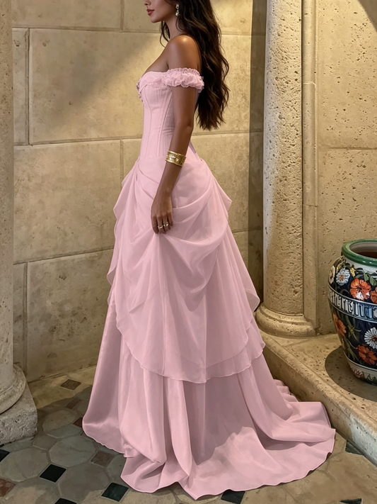 Elegant Pink Off-the-Shoulder Chiffon Layered Ruffle A-Line Formal Prom Dress DP8462