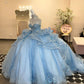 Robe de bal de quinceañera bleu clair glamour, bustier cœur, tulle à volants, broderie florale perlée scintillante DP7141