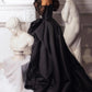 Retro Black Sweetheart Irregular Ruffle Hem Lace Gloves Design Elegant A-Line Satin Evening Dress Prom Dress DP6136