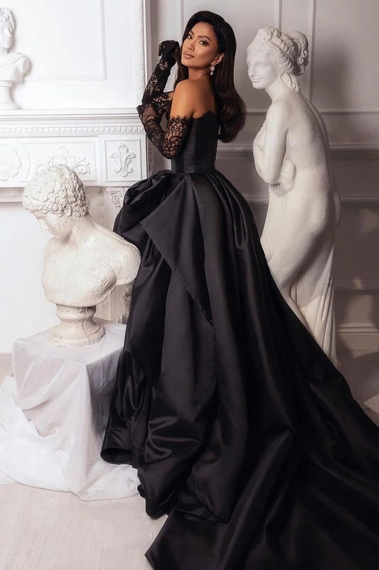 Retro Black Sweetheart Irregular Ruffle Hem Lace Gloves Design Elegant A-Line Satin Evening Dress Prom Dress DP6136