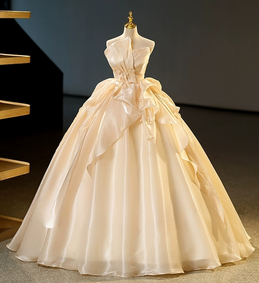 Vintage Champagne A-Line Sweet 16 Quinceanera Ruffled Strapless Evening Dress Floor Length Ball Gown DP6900