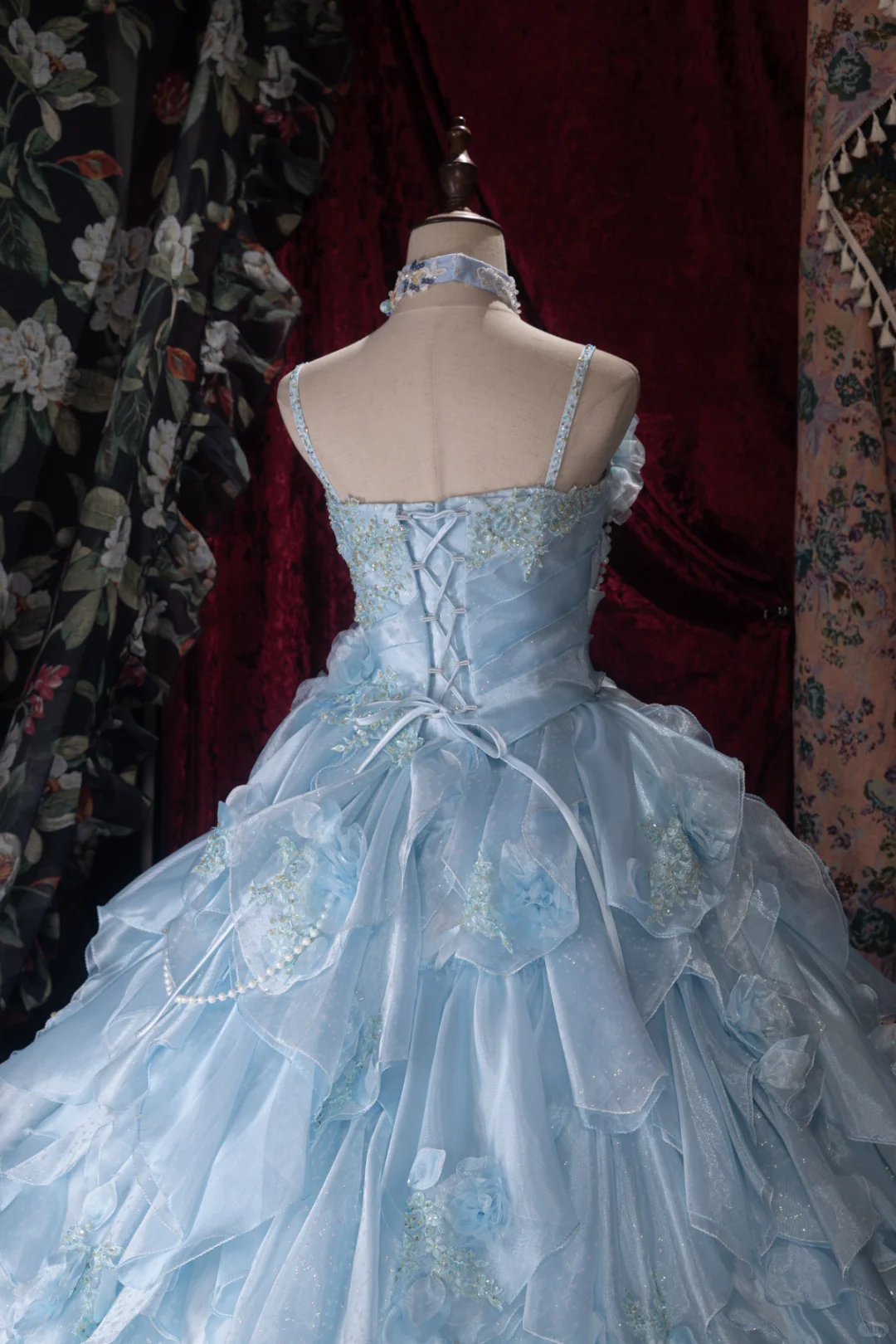 Glamorous Light Blue Spaghetti Strap Tiered Ruffles Ball Gown DP8344
