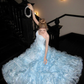 Wunderschönes glänzendes hellblaues trägerloses A-Linien-Tüll-Brautkleid, Ballkleid, Abendkleid DP6248