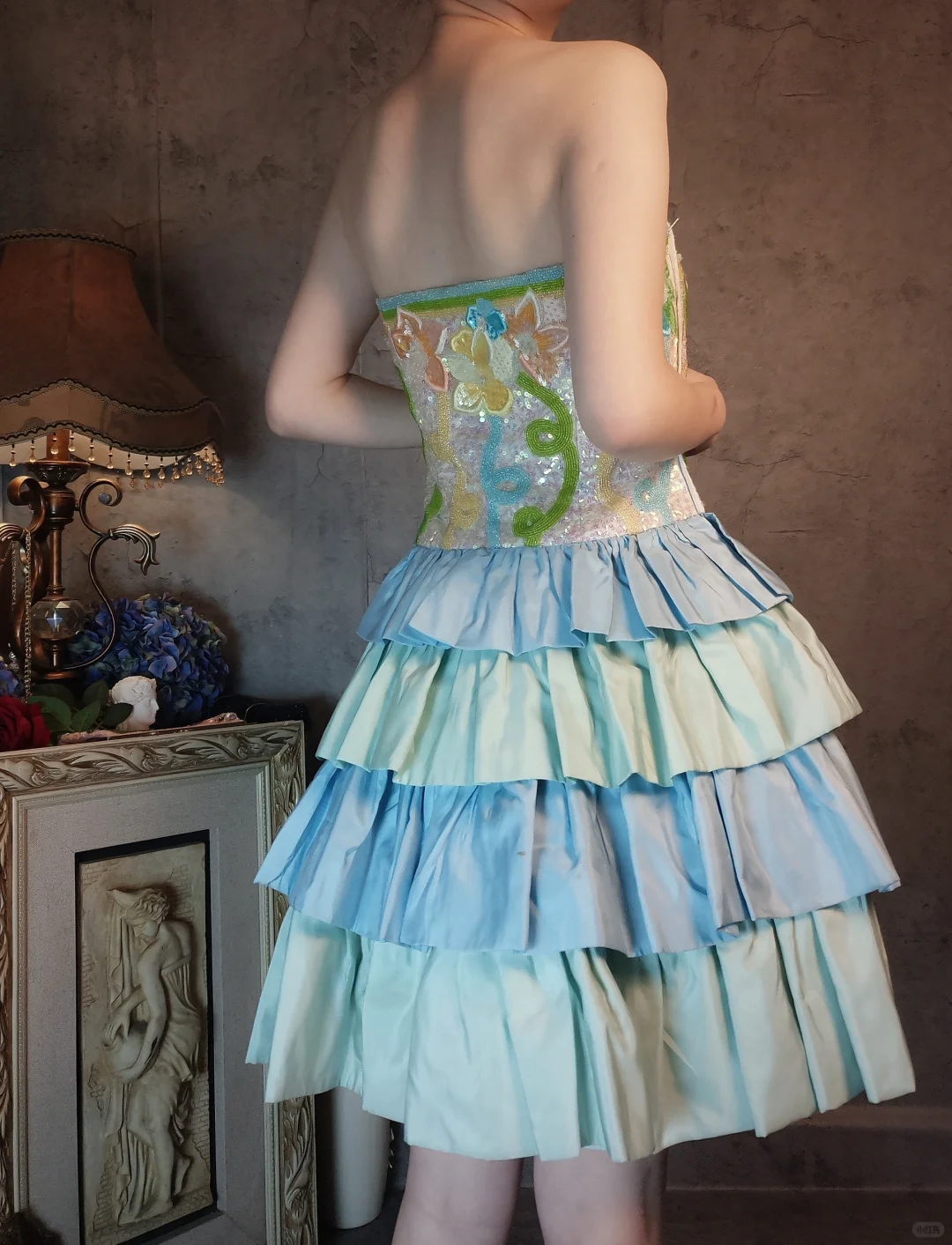 Retro Colorful Strapless Floral Design A-line Short Tiered Homecoming Dress  DP6059