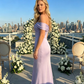 Elegant Lavender Off-the-Shoulder Satin Sheath Ruffle Slit Evening Gown Prom Dress DP8463
