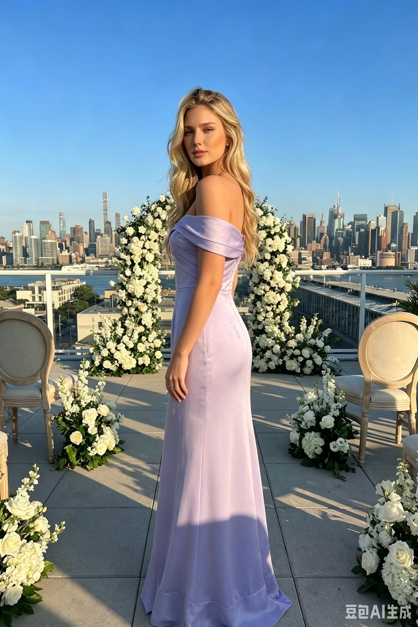Elegant Lavender Off-the-Shoulder Satin Sheath Ruffle Slit Evening Gown Prom Dress DP8463