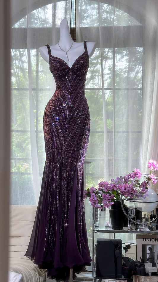 Gorgeous Purple Beaded Sequin V-neck Mermaid Elegant Chiffon Evening Dress Prom Dresses DP6147