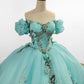Glamorous Light Turquoise Off-Shoulder Beaded Applique Tulle Quinceañera Ball Gown DP7138
