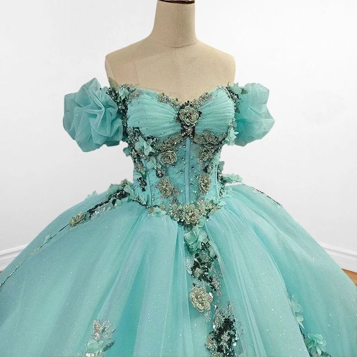 Glamorous Light Turquoise Off-Shoulder Beaded Applique Tulle Quinceañera Ball Gown DP7138