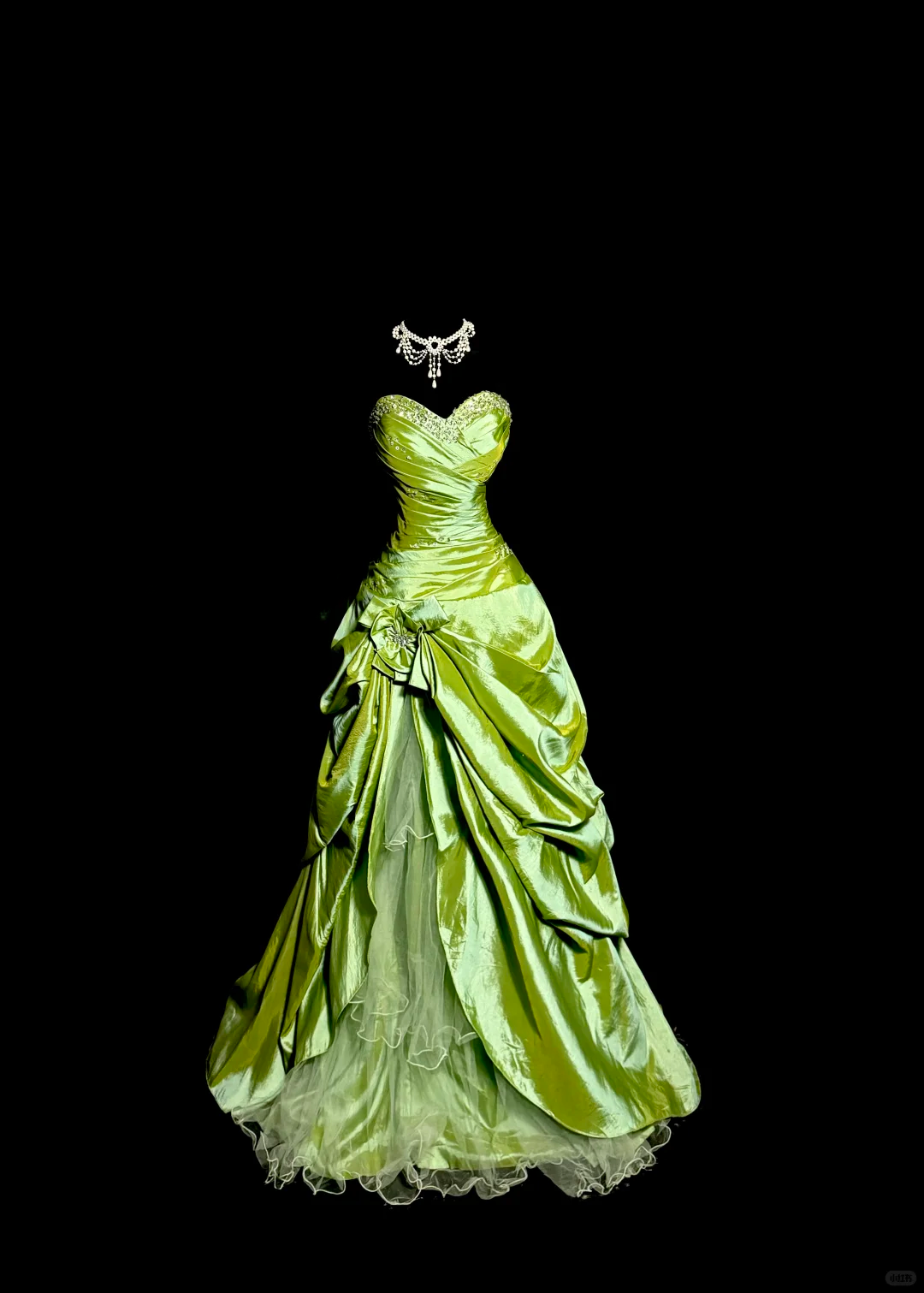 Vintage Lime Green Ombre Satin Sweetheart Neckline Beaded Ruffled Tulle Evening Gown DP7352