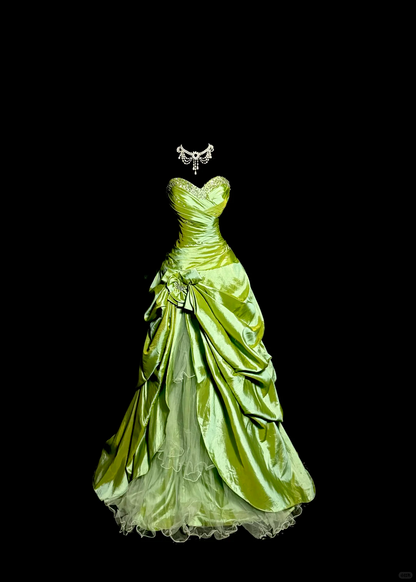 Vintage Lime Green Ombre Satin Sweetheart Neckline Beaded Ruffled Tulle Evening Gown DP7352