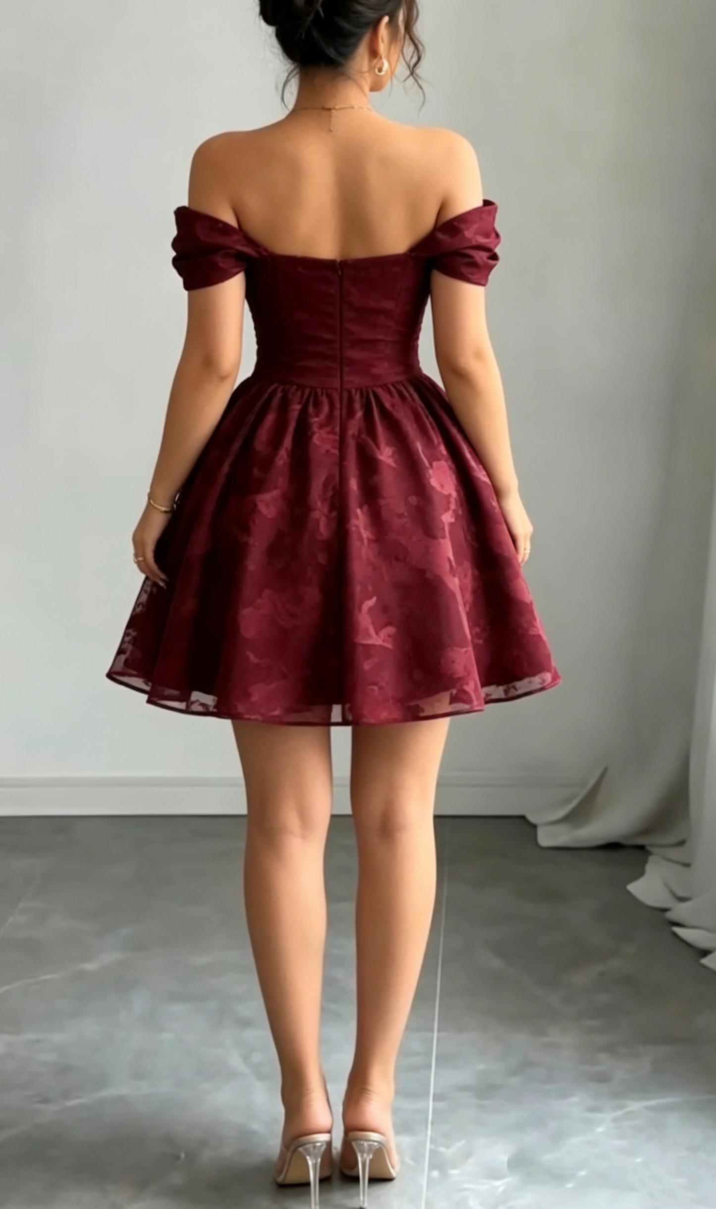 Vintage Burgundy Off-the-Shoulder Jacquard Pattern A-Line Homecoming Dress DP8520