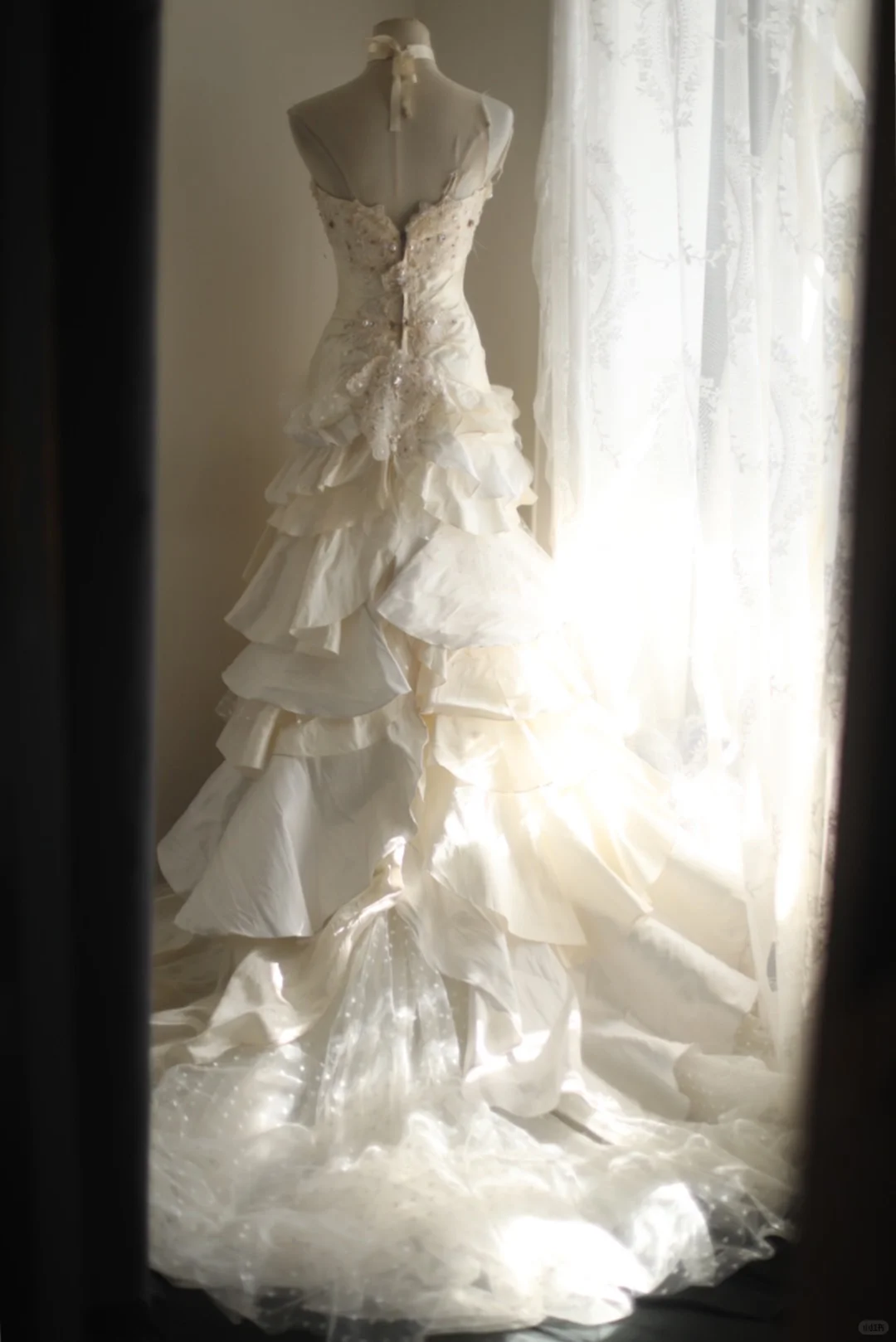 Elegant Ivory Tiered Ruffle Beaded Halter Neck A-Line Formal Wedding Dress DP7657